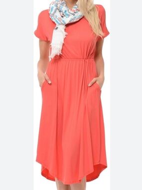 Women's Coral High-Low Short-Sleeve Dress with Elastic Waist and Pockets